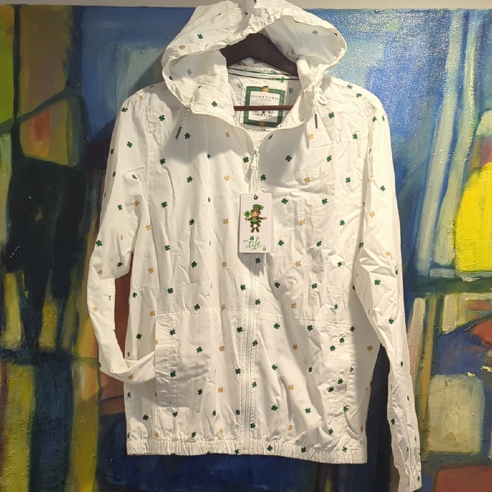 Denim & Flower White Hooded Jacket w/ Shamrock 🍀 Print  🍀💰🍀🌈💰 Men's Medium